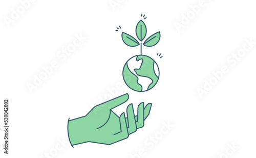Sustainable ecologic environment concept. Hand holding planet earth. Linear vector illustration.