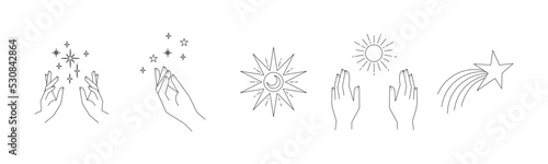 Aesthetic hands and cosmic and celestial elements. Universal cosmos related icons. Linear vector illustrations. Magic and Witchcraft symbology.