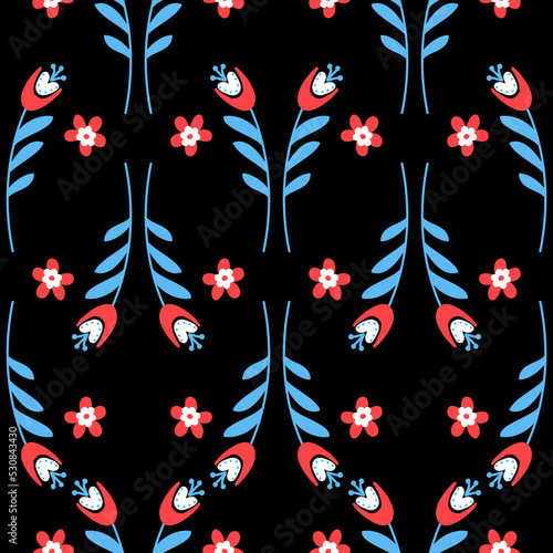 Bluebell flower pattern on dark background seamless pattern for design, campanula flower blossom, vector illustration