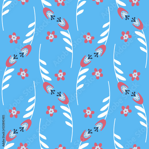 Bluebell flower pattern on blue background seamless pattern for design, campanula flower blossom, vector illustration