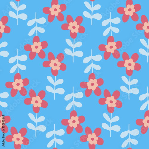 Red flower on blue background seamless pattern  daisy chamomile wild flower  vector Illustration