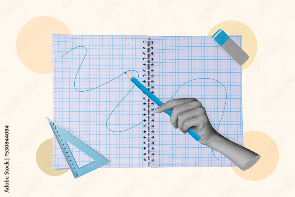 Obraz premium Creative abstract template collage of hand hold pencil draw blank pages spiral notebook triangle eraser geometry math lesson school college