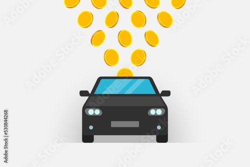 Car icon and gold coins over gray background