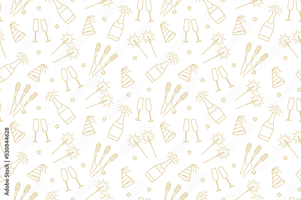 seamless New Year Eve golden pattern with champagne bottle, glasses, fireworks, sparklers and party hat- vector illustration seamless New Year Eve golden pattern with champagne bottle, glasses, fireworks, sparklers and party hat- vector illustration