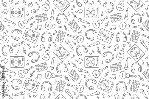 seamless music pattern: headphones, music notes, guitar, gramophone, microphone and piano keys, great for wrapping, textile, wallpaper, greeting card- vector illustration