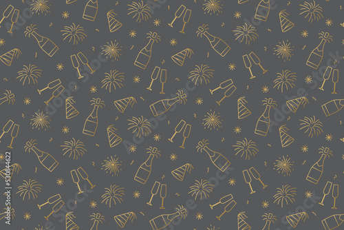 seamless New Year Eve golden pattern with champagne bottle, glasses, fireworks, party hat and confetti - vector illustration