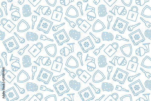 seamless pattern with security symbols: shield, safe, fingerprint, lock, keys, CCTV camera- vector illustration