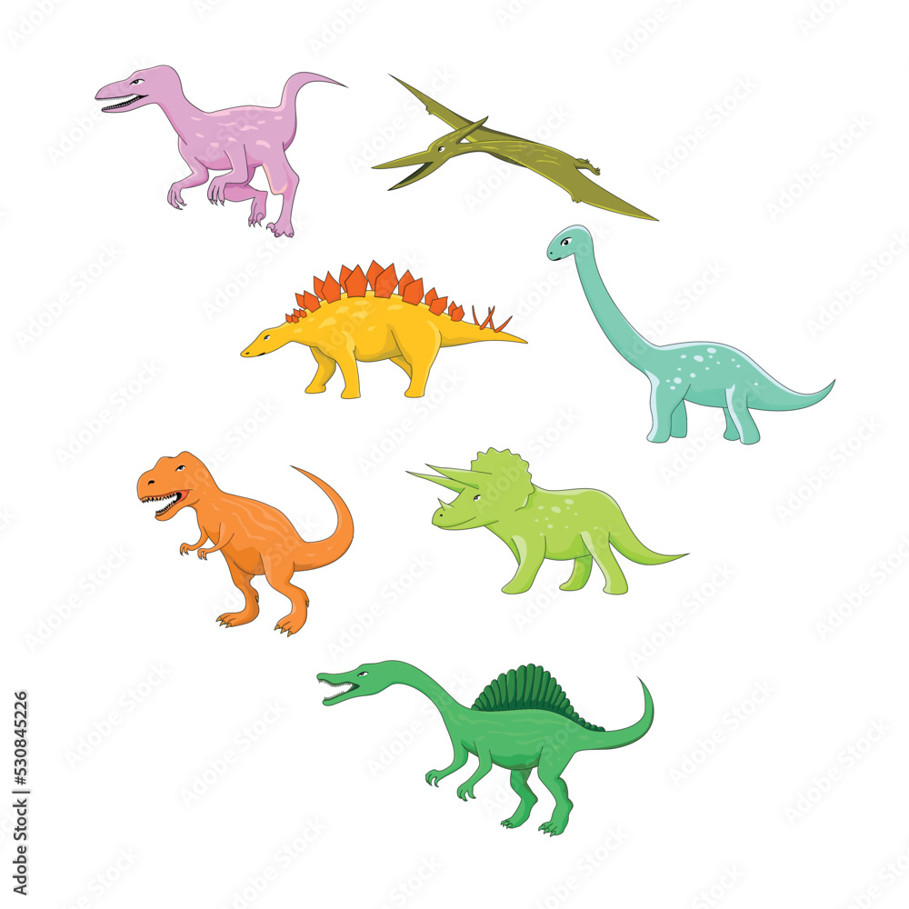 set of dinosaur vector illustration. velociraptor, tyrannosaurus, triceratops, brontosaurus, stegosaurus.
