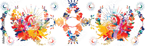 Flowers pattern with moons, ornaments. Celebration, birthday, wedding, Ramadan, Yoga design elements.