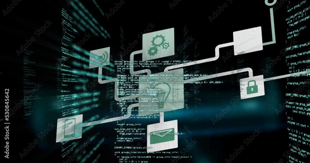Animations of network of connections with icons over data processing on dark background Animations of network of connections with icons over data processing on dark background