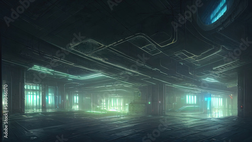 Modern underground parking, tunnel, basement with wires and neon light. Rough concrete, asphalt, light reflection, dark empty studio, room, grunge scene. 3D illustration