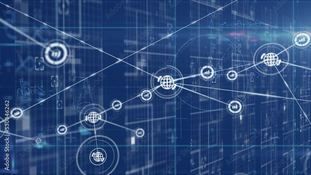 Animation of network of connections with icons over dark background Animation of network of connections with icons over dark background