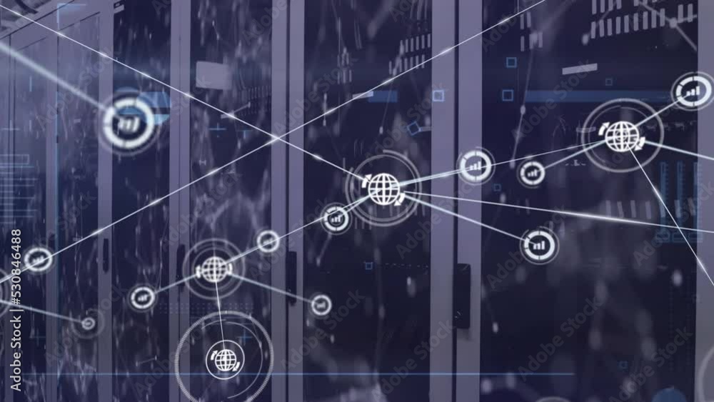 Animation of network of connections with icons over caucasian male worker in warehouse Animation of network of connections with icons over caucasian male worker in warehouse