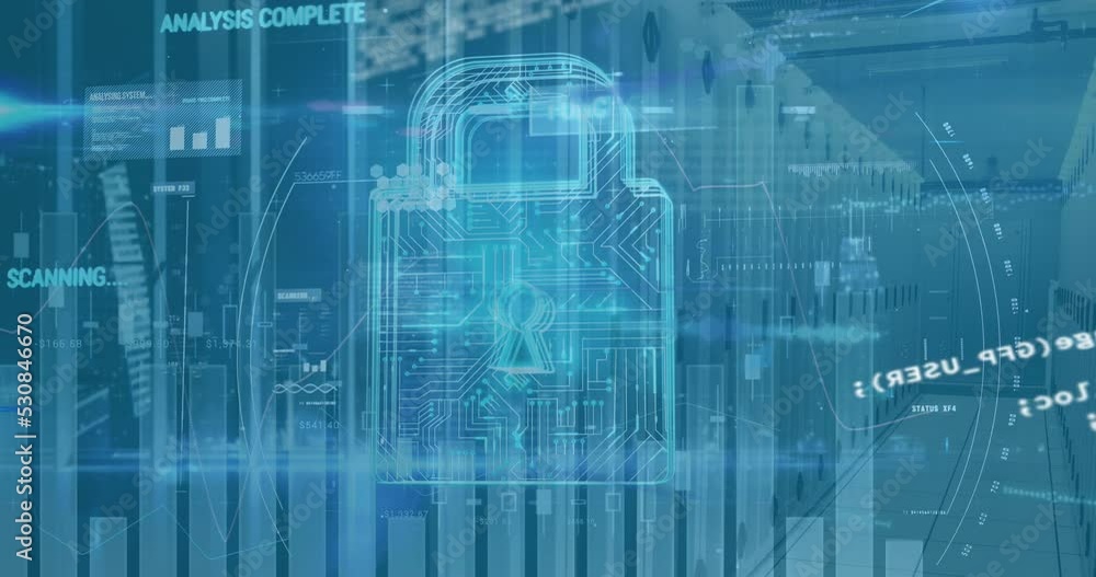 Animation of digital data processing and digital interface and grid over blue background Animation of digital data processing and digital interface and grid over blue background
