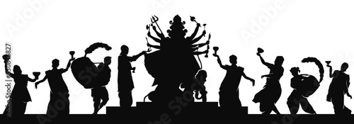 Indian man and women wearing traditional cloth Celebrating Durga puja silhouette by dancing Dhunuchi and drumming