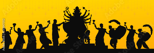 Indian man and women wearing traditional cloth Celebrating Durga puja silhouette by dancing Dhunuchi and drumming