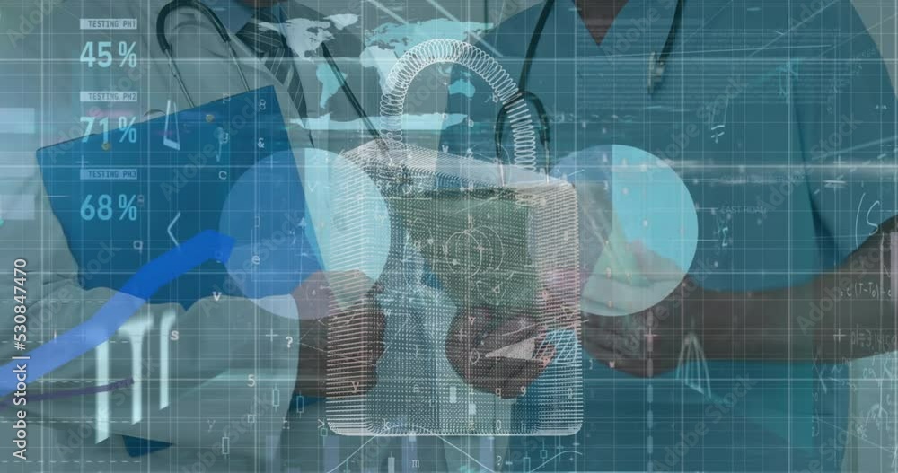 Animation of padlock, statistics and data processing over midsection of caucasian male doctors Animation of padlock, statistics and data processing over midsection of caucasian male doctors