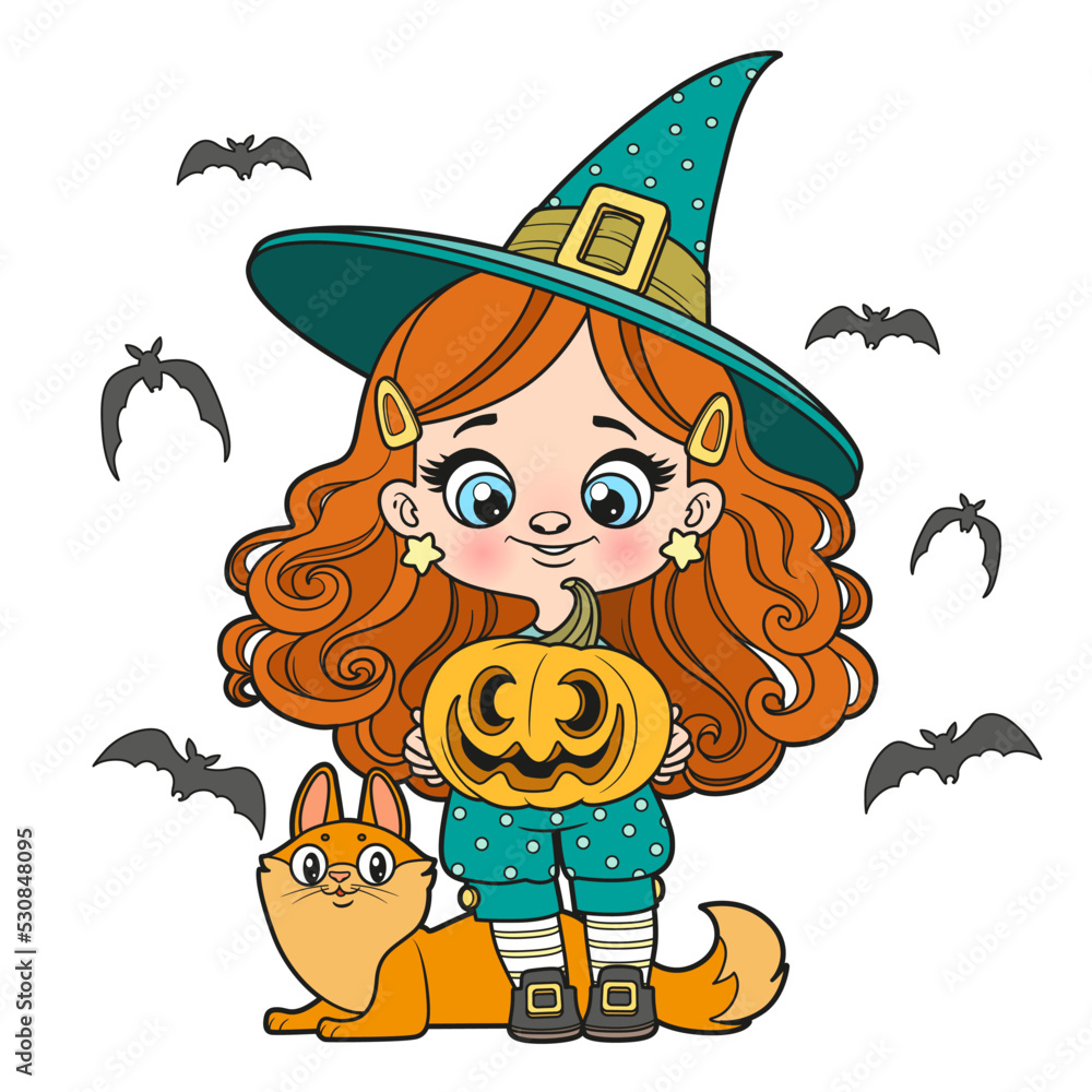 Cute cartoon long haired girl in a Halloween witch costume with jack o ...
