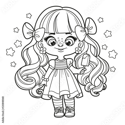 Cute cartoon longhaired girl with ice lolly in hand outlined for coloring page on a white background