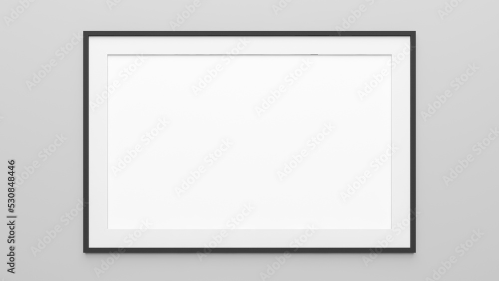 Black frame mockup on a wall. A horizontal blank canvas for painting mockup. Single empty white mockup frame hanging on a white wall. 3d illustration. Black frame mockup on a wall. A horizontal blank canvas for painting mockup. Single empty white mockup frame hanging on a white wall. 3d illustration.