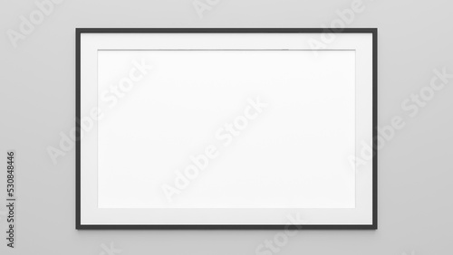 Black frame mockup on a wall. A horizontal blank canvas for painting mockup. Single empty white mockup frame hanging on a white wall. 3d illustration.