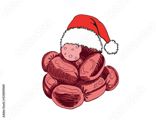 Vector sausages in Santa Claus hat on white isolated, Christmas fast food element. Buchery christmas element for design