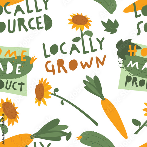 Locally grown organic food. Decorative seamless pattern.