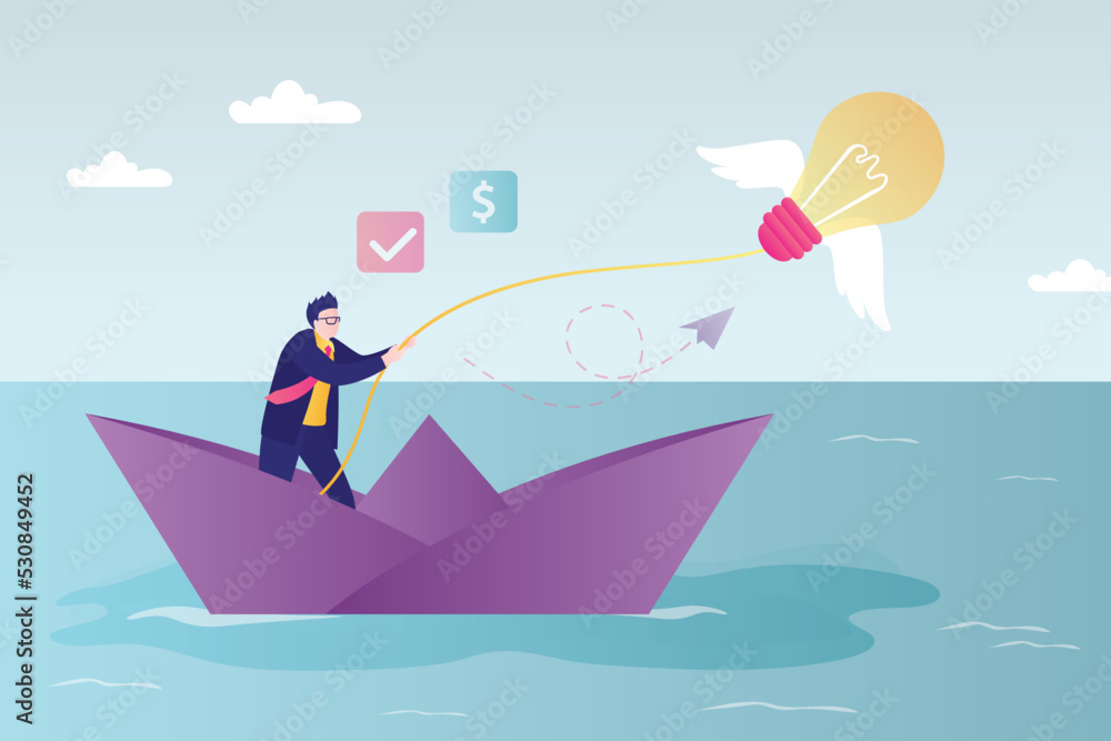 Businessman caught idea on paper boat. Entrepreneur successfully found new business ideas Businessman caught idea on paper boat. Entrepreneur successfully found new business ideas