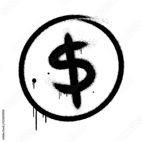 Dollar coin symbol in circle. Urban street graffiti style with splash effects, drops. Concept for economy, finance, currency, exchange.