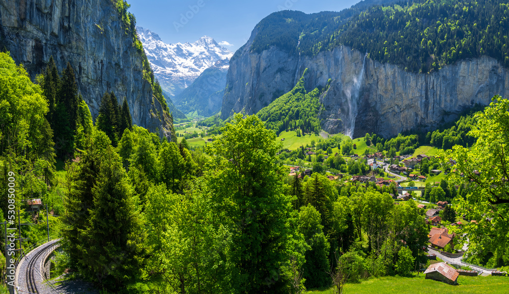 view on alpine village Lauterbrunnen in Switzerland