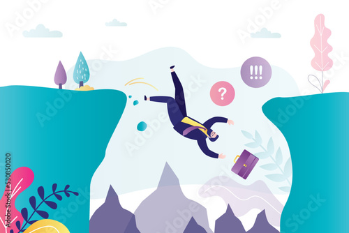 Businessman falls from cliff into abyss with stones. Entrepreneur fails on way to goal