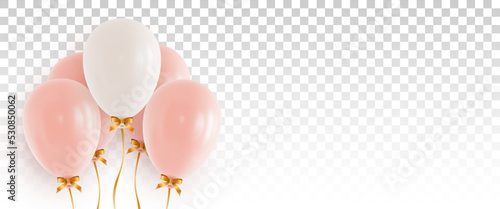 Pink and white helium balloons with golden ribbons, tied bows and empty copy space at right on transparent background. Design of greeting card or banner for anniversary or birthday. Realistic vector