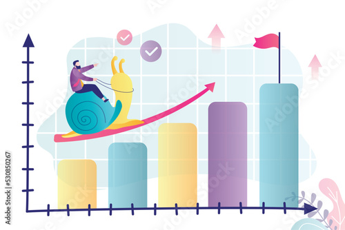 Businessman riding slug trying to reach goal. Entrepreneur very slowly climbing up chart