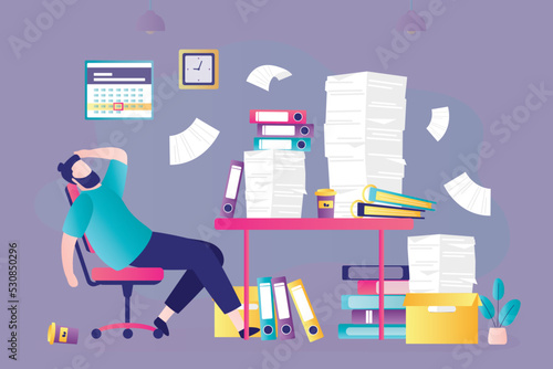 Businessman tired of amount of paperwork. Huge number of documents and folders on desktop