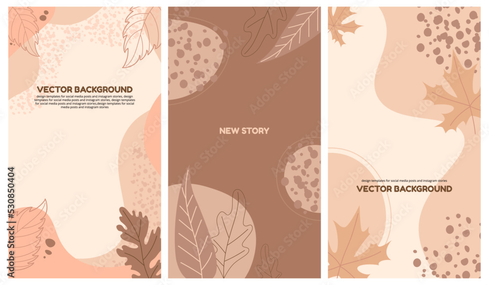 Autumn vertical backgrounds. Set of templates for social media posts and instagram stories. Abstract shape with leaves. Editable vector illustration.