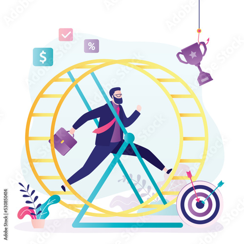 Entrepreneur running fast in rat wheel. Businessman working hard to reach goal