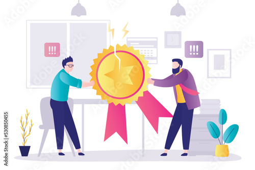 Fight of two businessmen for gold medal. Office workers compete for reward and success