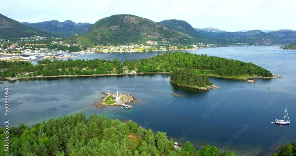 Fjellsholmen island near Jørpeland city in Norway the aerial panorama including Sun Mirror on Klungholmen in HDR Fjellsholmen island near Jørpeland city in Norway the aerial panorama including Sun Mirror on Klungholmen in HDR