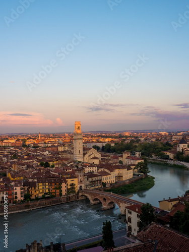 sunrise in the old town of verona, italy with beautiful golden colors