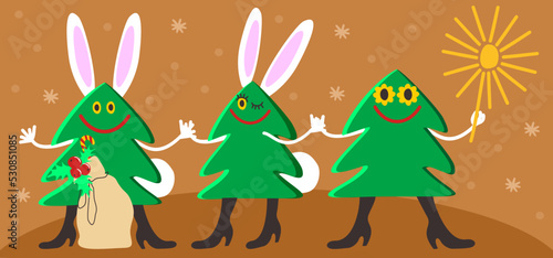 Happy smiling Christmas trees with ears and tails of rabbit. Holding gifts and sparkle. Snowflakes. New Year concept. Vector illustration.