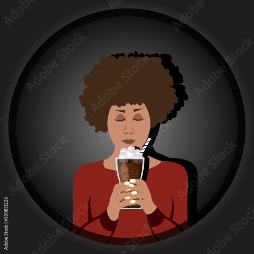 A creative cut out advertising banner with a person holding a glass of cold soda. An African-American girl with carbonated drink in her hands.