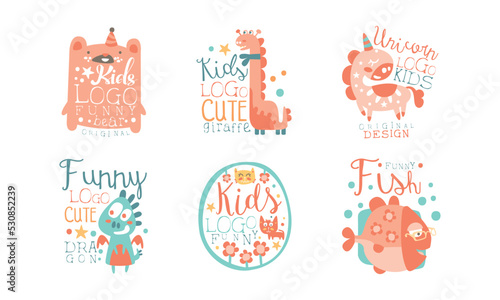 Cute Funny Kids Logo with Pretty Animal Original Design Vector Set