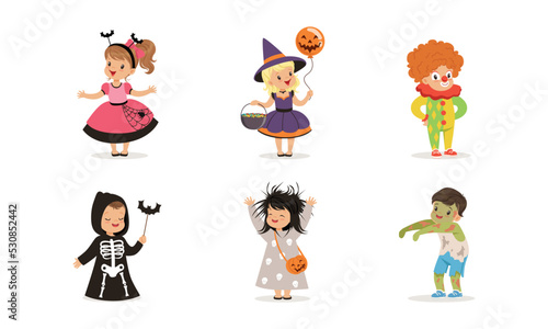 Cute Kids Dressed in Halloween Costume and Outfit Engaged in Spooky Holiday Masquerade Vector Set