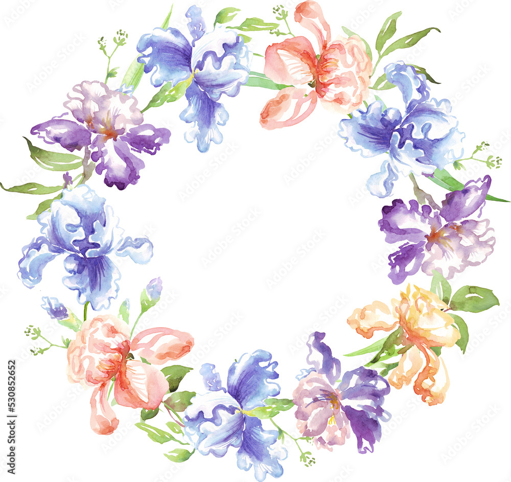 Watercolor iris wreath. Hand-painted clipart