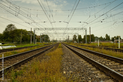 Canvas Print railway, in the photo straight lines of railway tracks against a gray sky