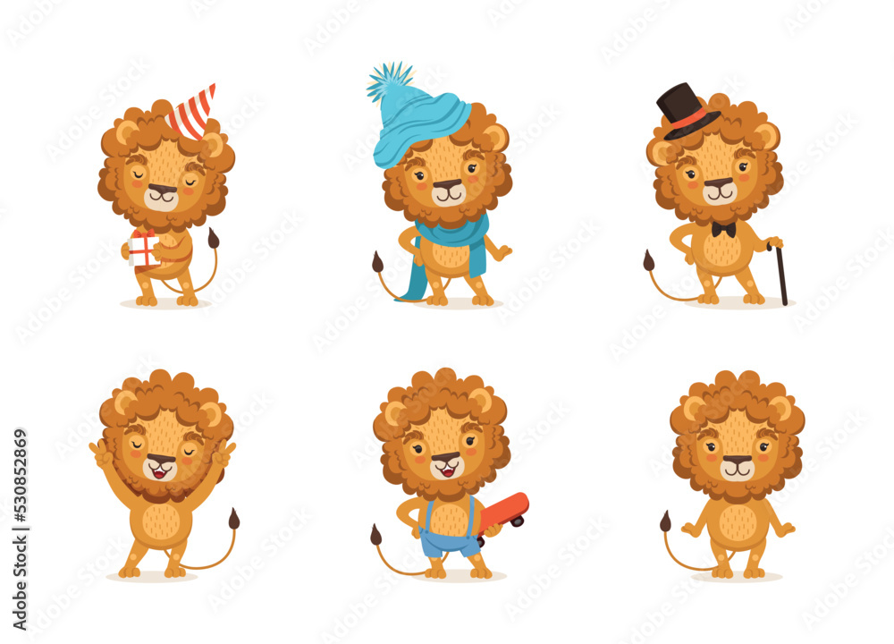 Cute Lion Character with Mane Engaged in Different Activity Vector Set Cute Lion Character with Mane Engaged in Different Activity Vector Set