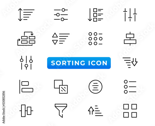 Foto Set of sorting and filtering related linear icons on white background