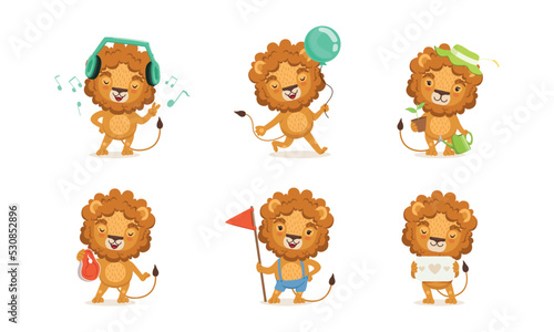 Fototapeta Naklejka Na Ścianę i Meble -  Cute Lion Character with Mane Engaged in Different Activity Vector Set
