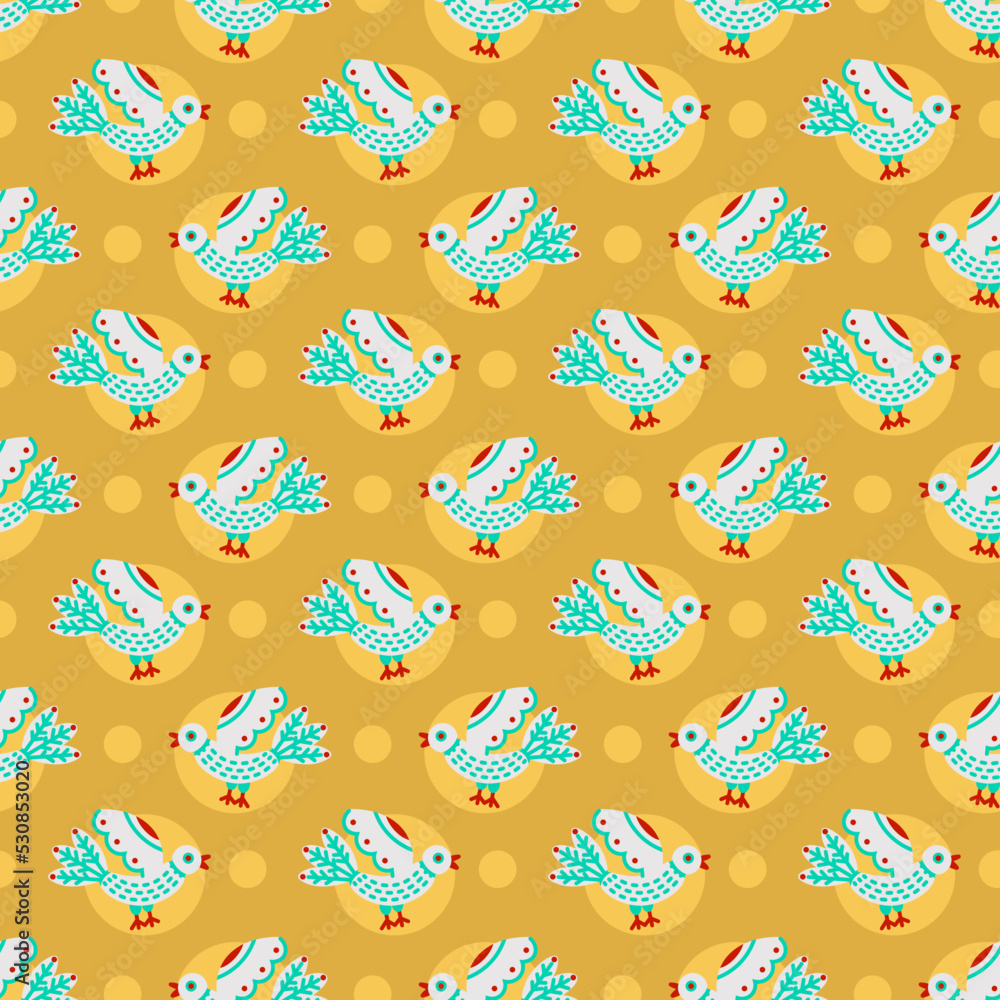Seamless autumn vector pattern with white cartoon folk flying ducks on yellow circles. For holiday fall wrapping paper or cozy home textile and gift packaging Seamless autumn vector pattern with white cartoon folk flying ducks on yellow circles. For holiday fall wrapping paper or cozy home textile and gift packaging