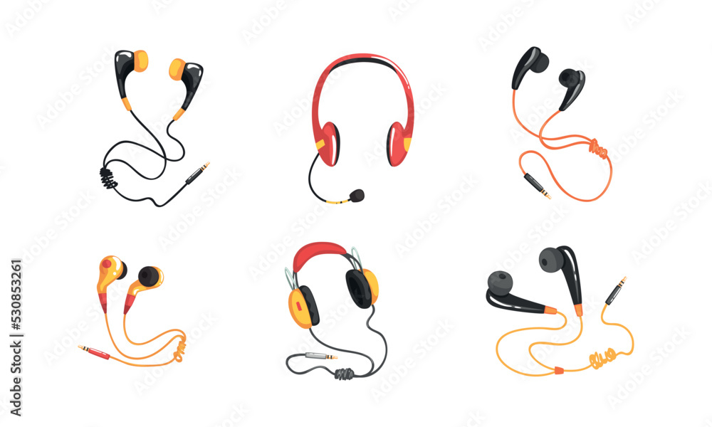 Wired Headphones and Earphones as Audio Equipment for Music Listening Vector Set